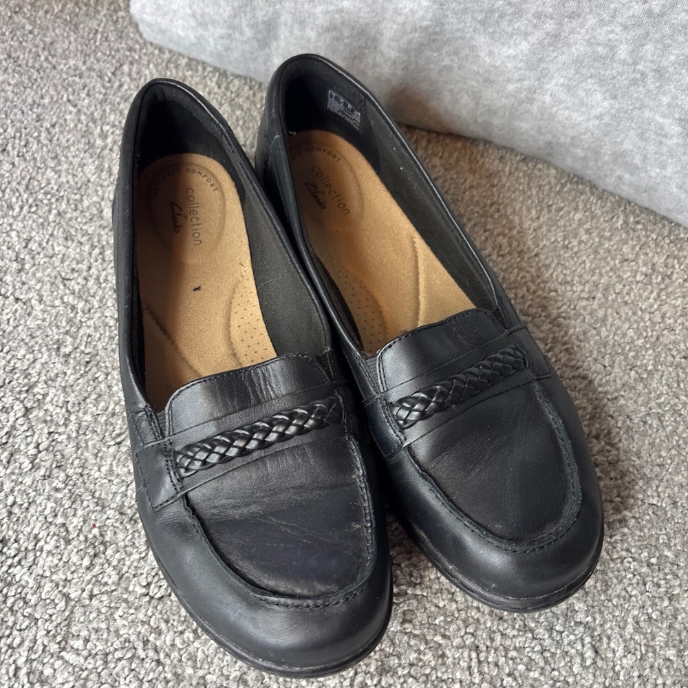 Clarks Loafers Womens 9.5 Black Leather Braided Ultimate Comfort Shoes office - Picture 2 of 11